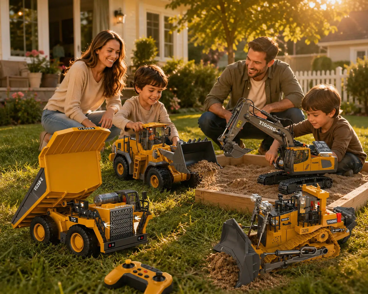 Family playing with Akeleo remote control construction toy vehicles in a sunny backyard
