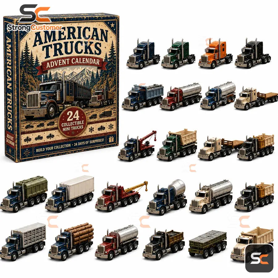 Twenty-four American truck miniatures displayed with the Advent Calendar
