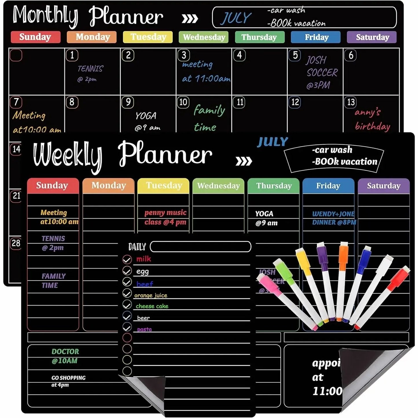 ✨Black Dry Erase Boards Set - 3 Magnetic Boards for Refrigerator, Monthly, Weekly Organizer & Daily Notepad 🧲