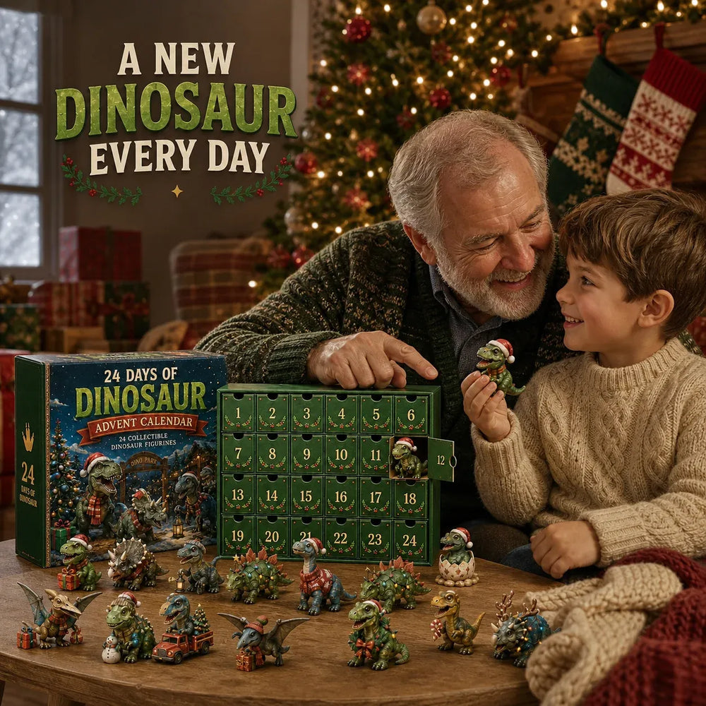 Grandparent and child enjoying dinosaur Christmas countdown