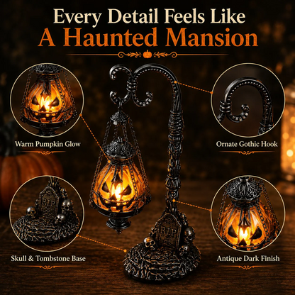 🔥Halloween Early Bird Sale🎃 Gothic Pumpkin Lantern Stand | Warm Orange LED Glow, Victorian Skull Details & Haunted Shelf Decor 🕯️