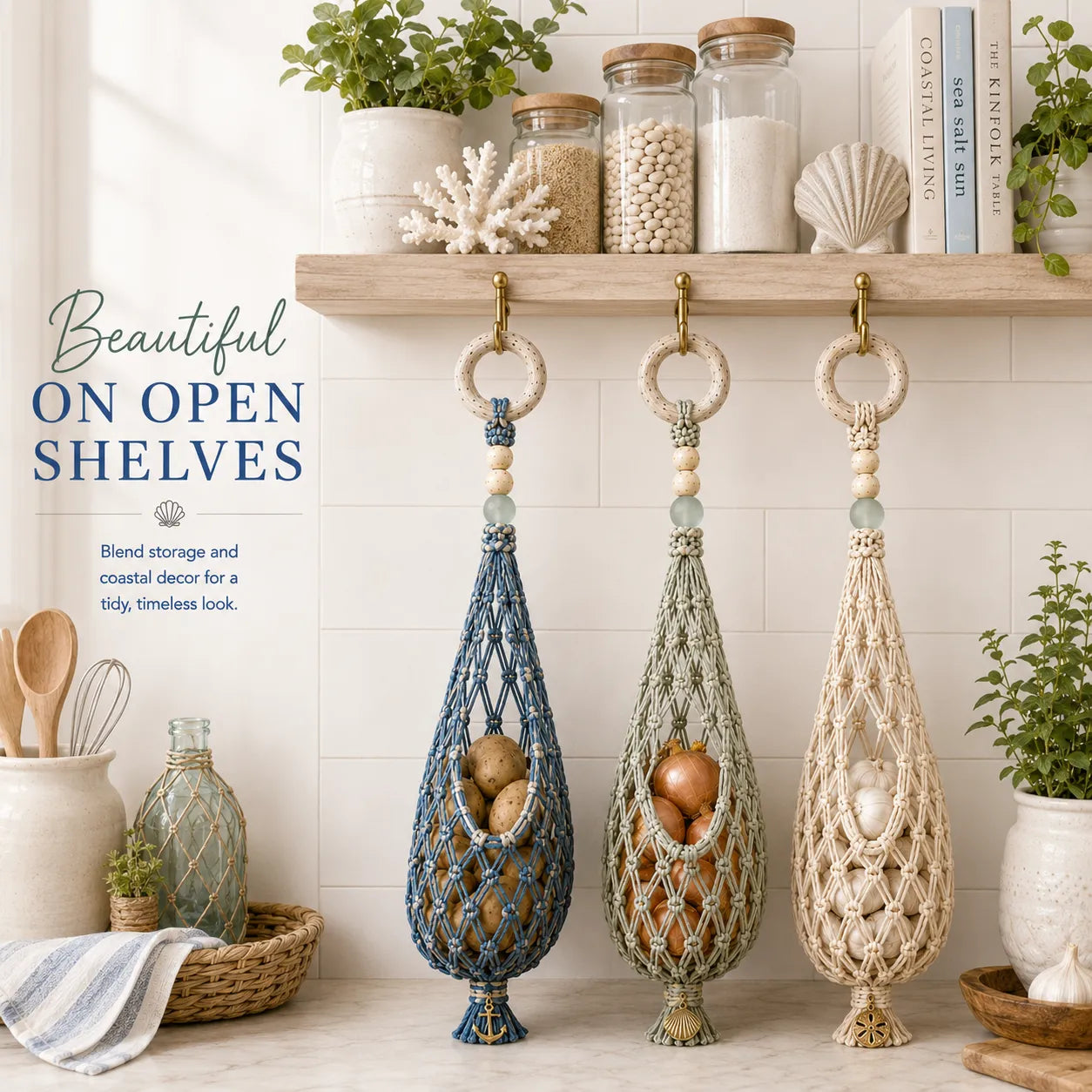 🌊 Coastal Hanging Produce Storage – Handwoven Breathable Organizer with Easy Side Access