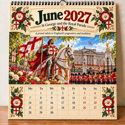 ⏳ Last Day 49% OFF – 🛡️ 2027 England St. George Wall Calendar | 12 Illustrated Monthly Scenes with Faith, Courage & Heritage 🇬🇧