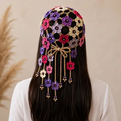 Handcrafted Floral Crochet Baseball Cap | Hollow-Out Knit Boho Hat with Hanging Tassels