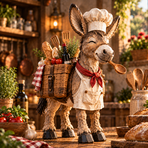 The Stubborn Little Chef — Carved Kitchen Donkey Figurine
