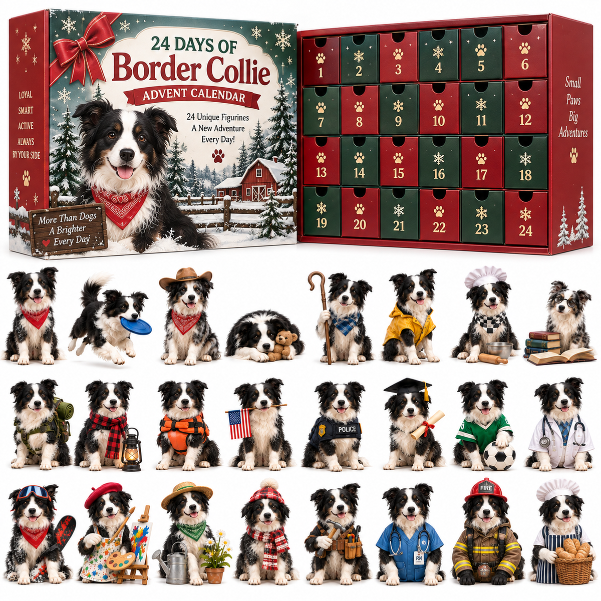 24 Days of Border Collie – 24 Unique Dog Figurines | Christmas Collectible Gift Set