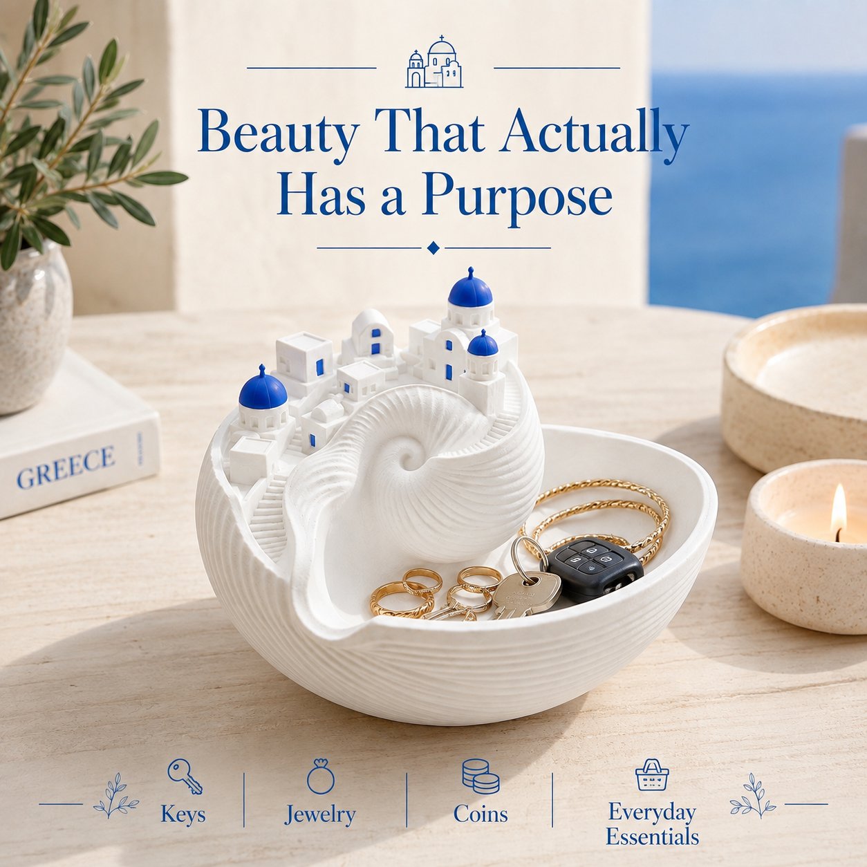 Santorini Seashell Catchall Bowl – Greek Island Miniature Jewelry & Key Dish