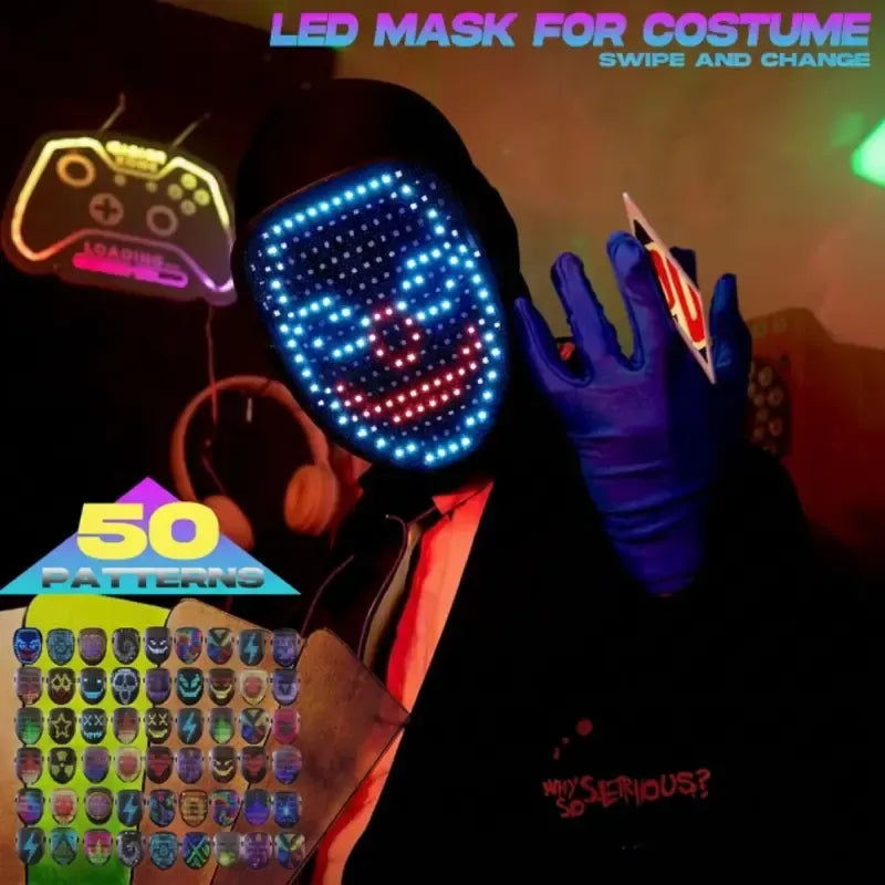 ⚡ 50-Mode Gesture-Controlled LED Face Mask – Rechargeable Costume Mask