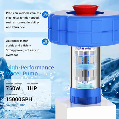 1HP 750W Floating Pond Fountain Aerator, 15000 GPH Pump for Large Ponds & Lakes