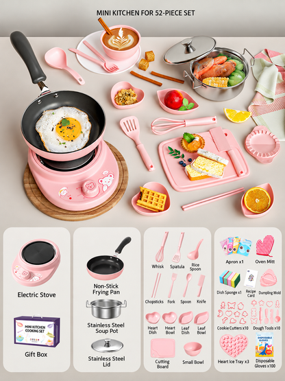 52-Piece Kids’ Mini Real-Cooking Kitchen Set with Electric Stove & Cookware
