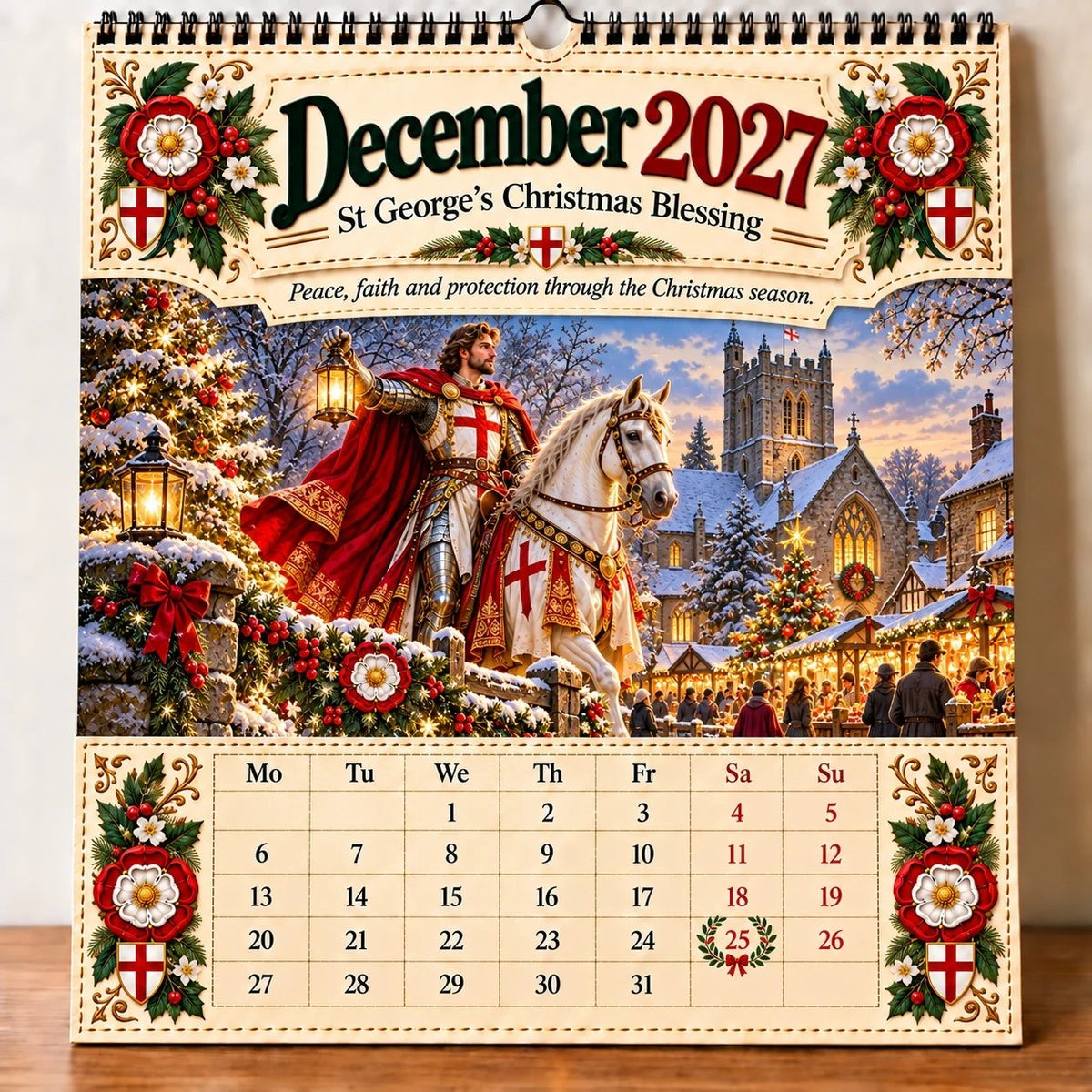 ⏳ Last Day 49% OFF – 🛡️ 2027 England St. George Wall Calendar | 12 Illustrated Monthly Scenes with Faith, Courage & Heritage 🇬🇧