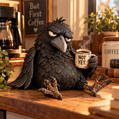 🐦‍⬛☕️Grumpy Coffee Raven Figurine – “Not Yet” Funny Morning Decor✨