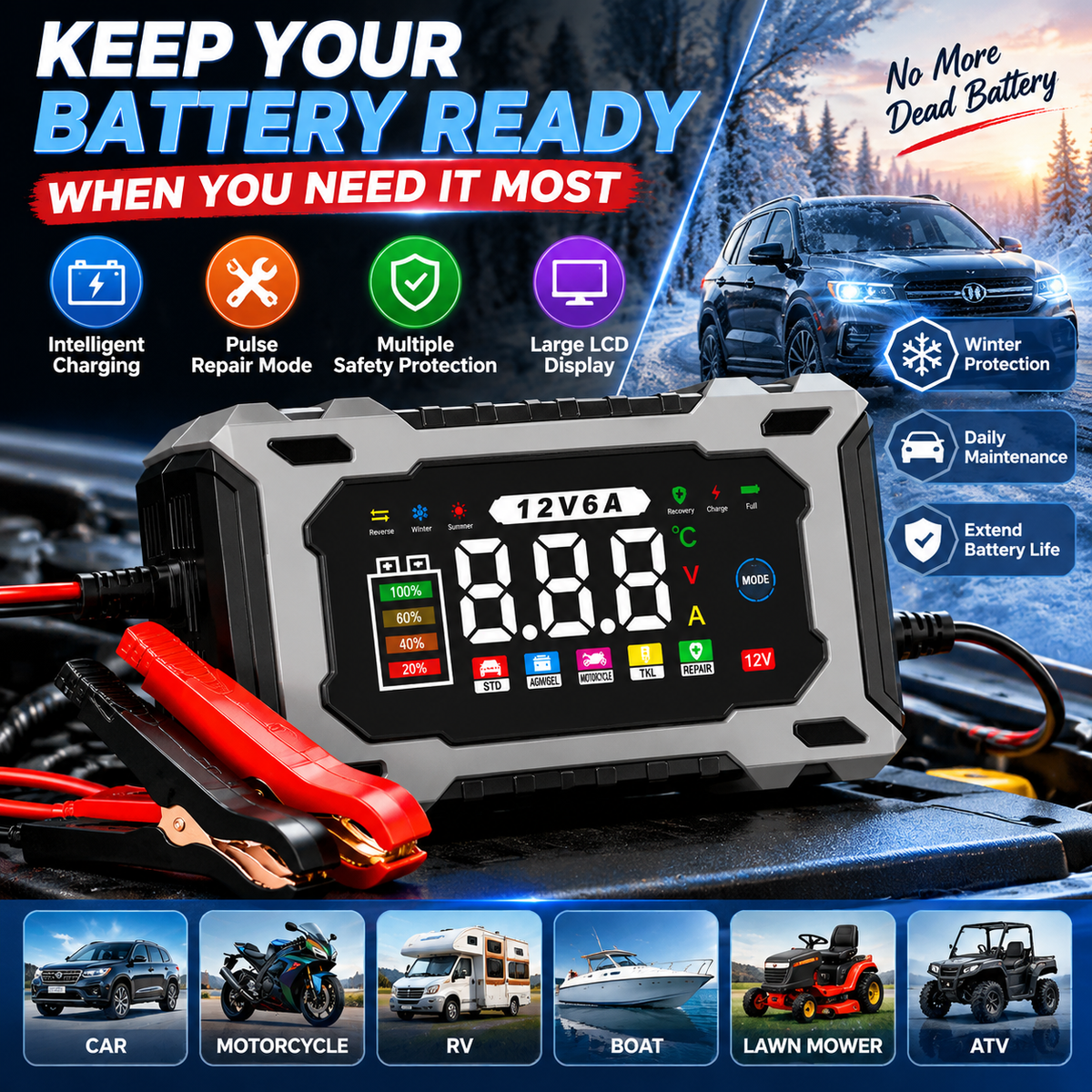 🔋 12V 6A Smart Battery Charger – Intelligent Car Battery Maintainer With LCD Display & Pulse Repair Mode
