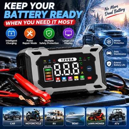 🔋 12V 6A Smart Battery Charger – Intelligent Car Battery Maintainer With LCD Display & Pulse Repair Mode