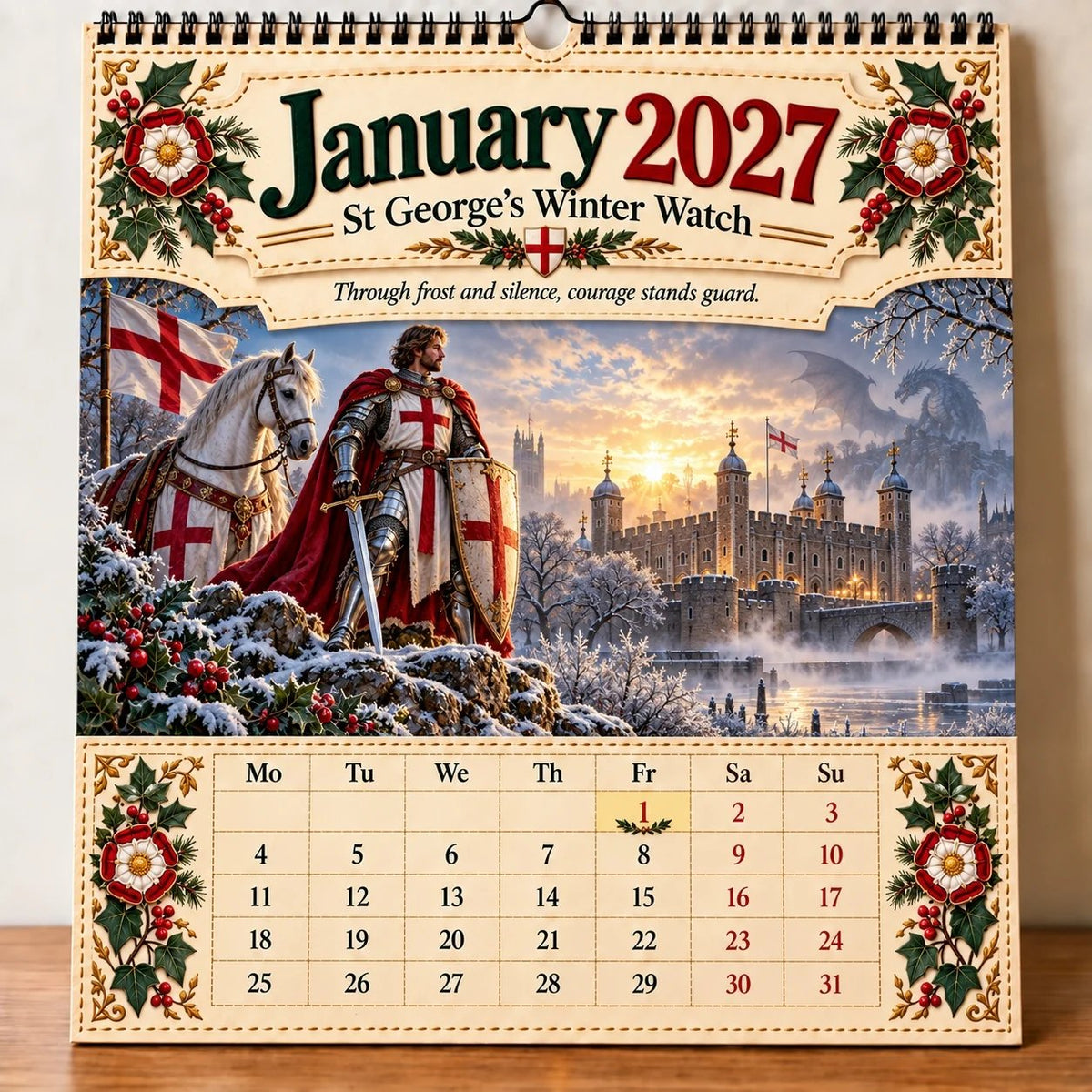 ⏳ Last Day 49% OFF – 🛡️ 2027 England St. George Wall Calendar | 12 Illustrated Monthly Scenes with Faith, Courage & Heritage 🇬🇧