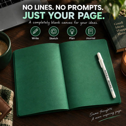 📖Deep Green Blank Notebook with White Gel Pen | Aesthetic Writing & Sketch Journal