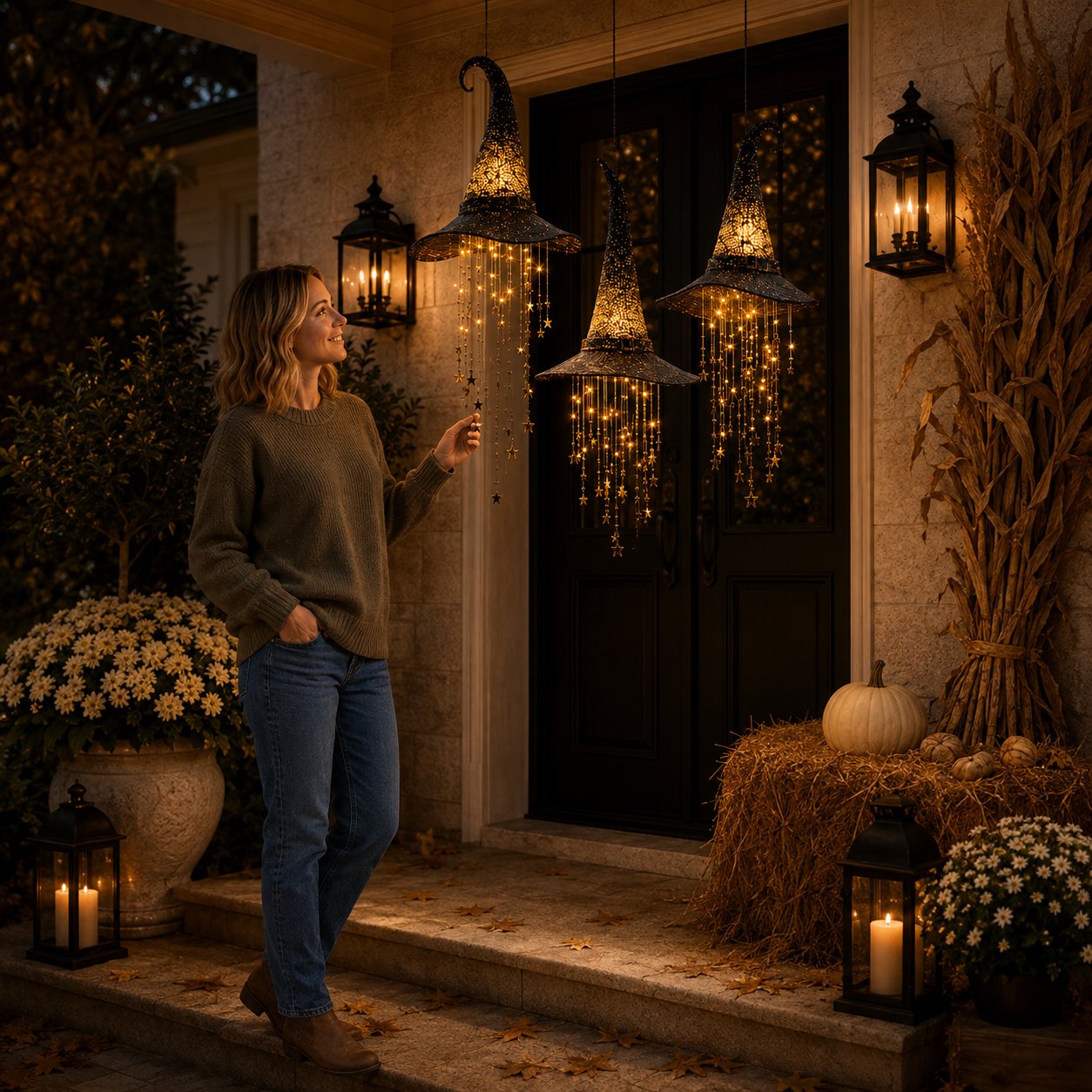 Lighted Witch Hat Set with Cascading Stars