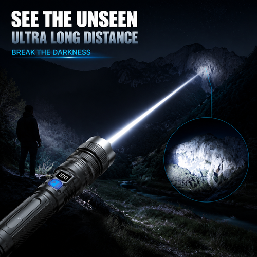 🔦 Ultra-Long Range LED Flashlight – Precision Spotlight with Digital Power Display