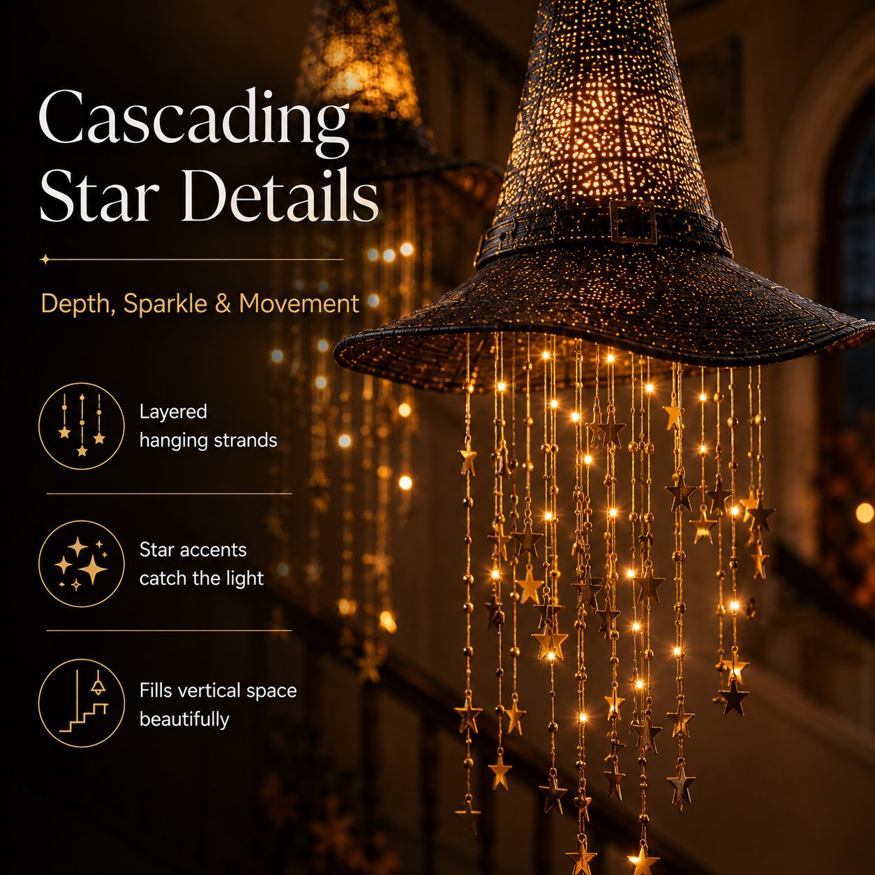 Lighted Witch Hat Set with Cascading Stars