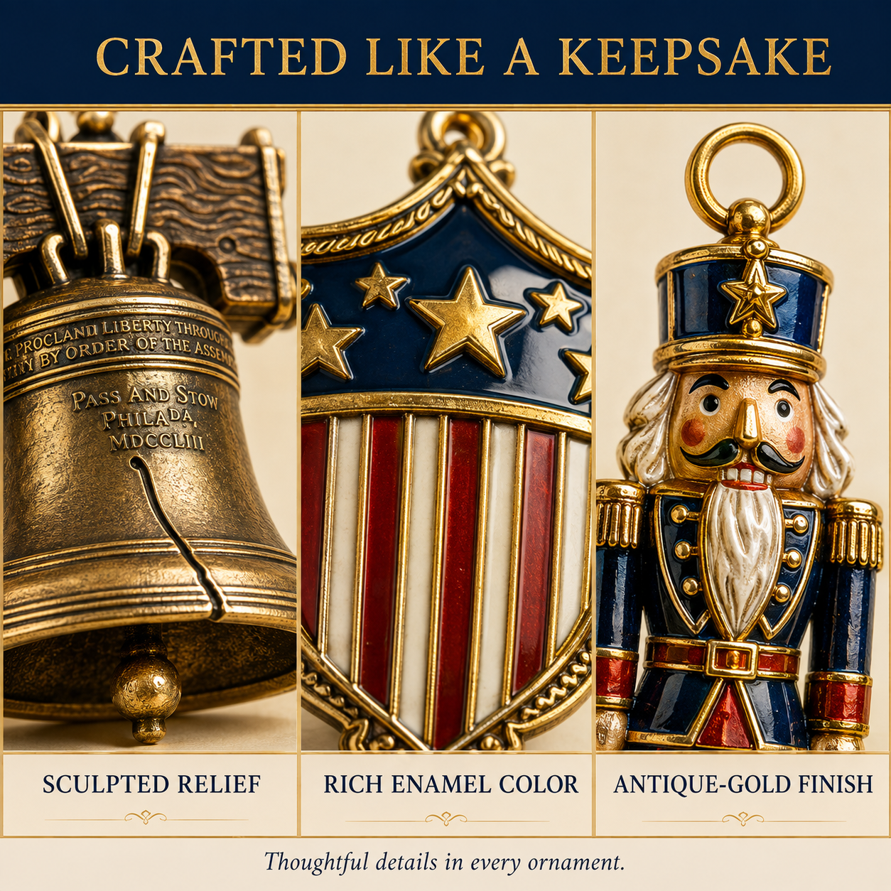 Close-up of sculpted relief, enamel color and antique-gold ornament details