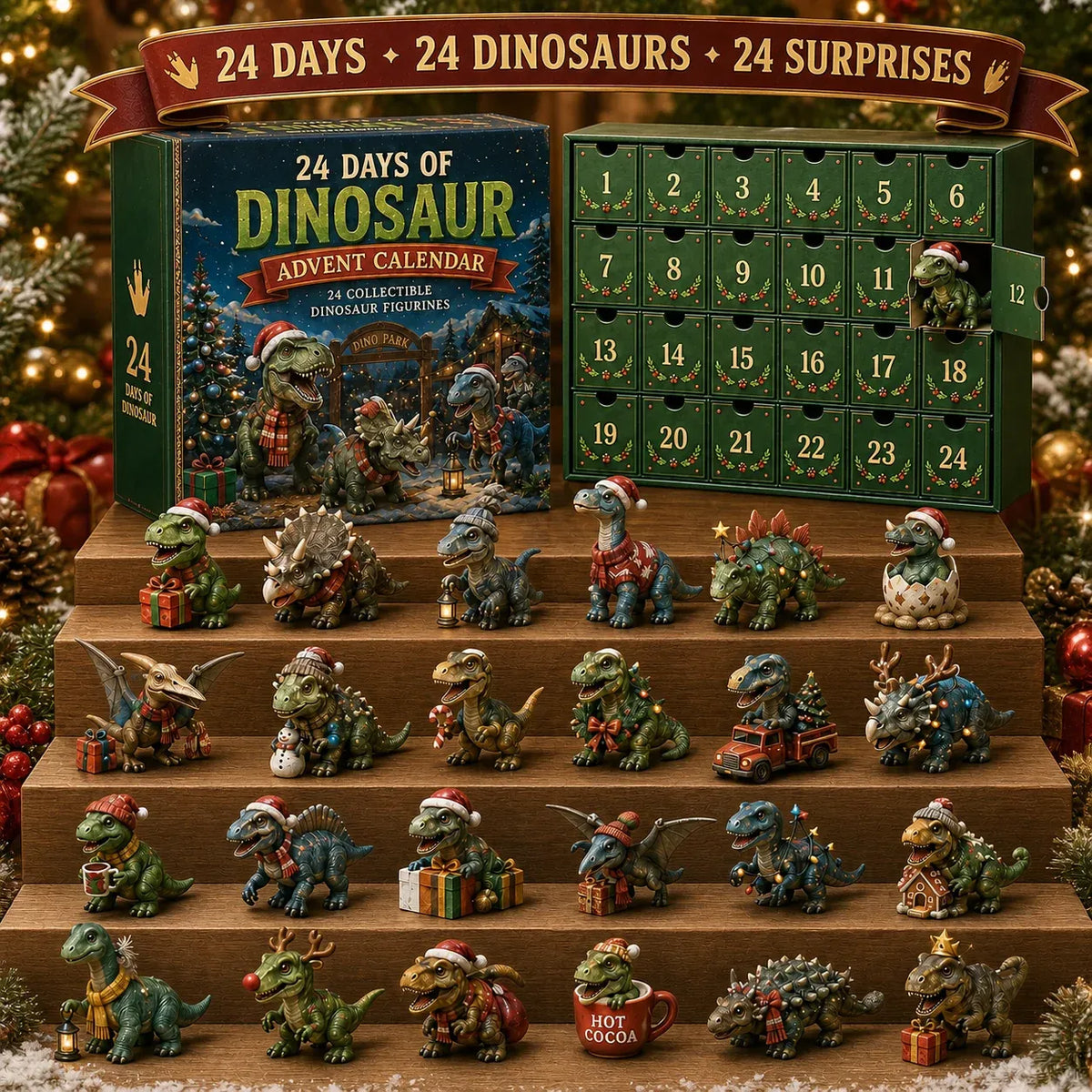 Complete collection of 24 dinosaur Christmas figures