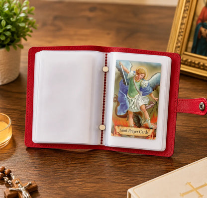 ✝️ Catholic PU+PVC Leather Holy Card Holder – Pocket Prayer Card Organizer with Snap Closure