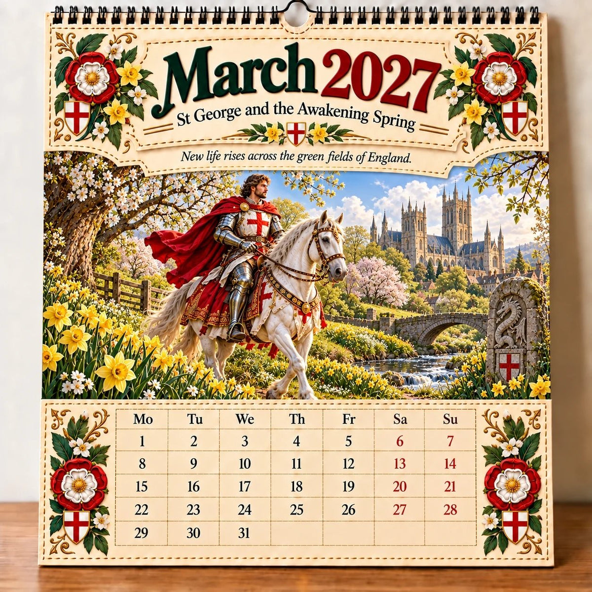 ⏳ Last Day 49% OFF – 🛡️ 2027 England St. George Wall Calendar | 12 Illustrated Monthly Scenes with Faith, Courage & Heritage 🇬🇧