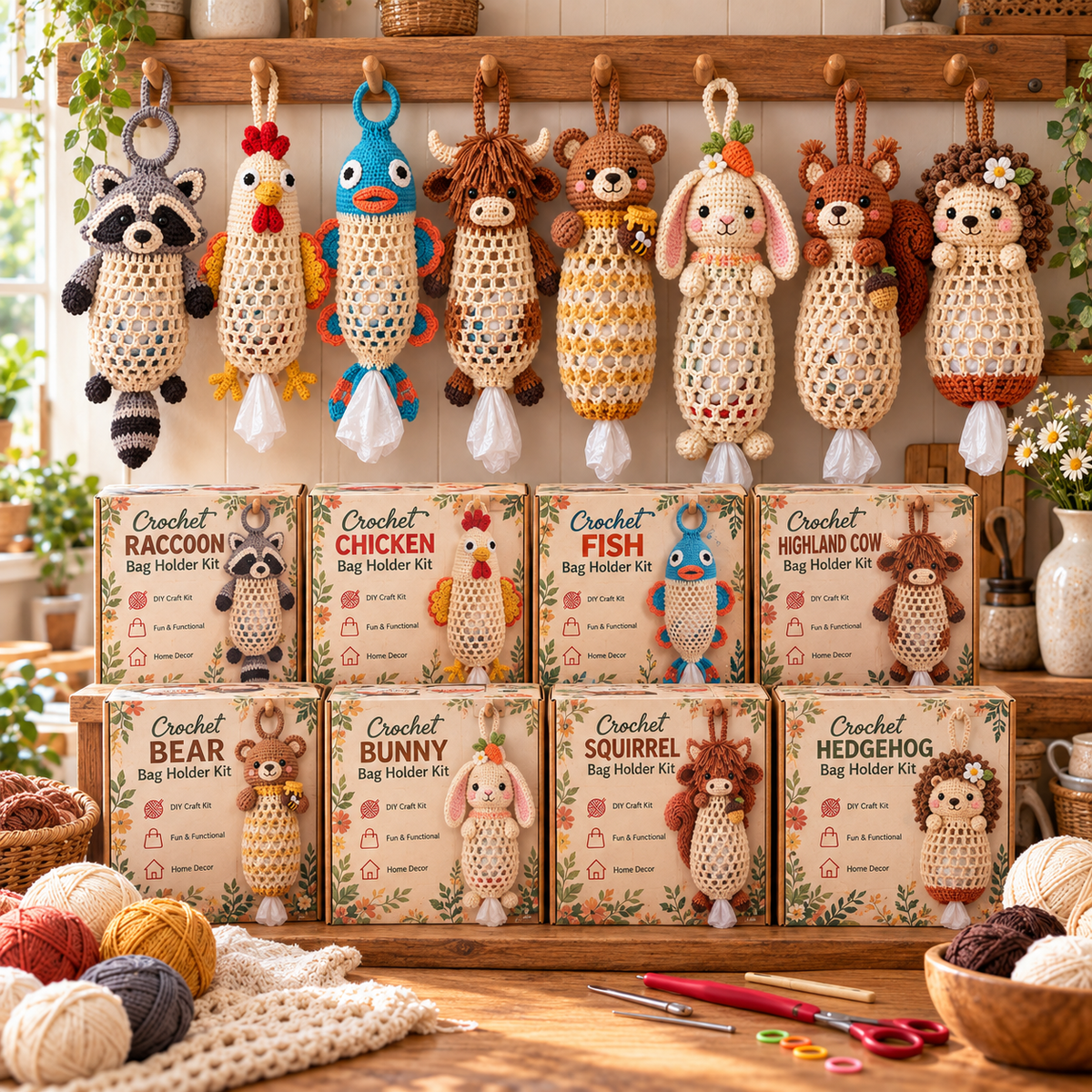 🔥LAST DAY 49% OFF – 🌼 Cottage Harvest Keepers™ — Crochet Animal Bag Holder DIY Kit | 11 Adorable Designs