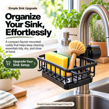 🧽Faucet-Mounted Kitchen Sink Organizer – Adjustable No-Drill Sponge & Brush Holder with Removable Drip Tray