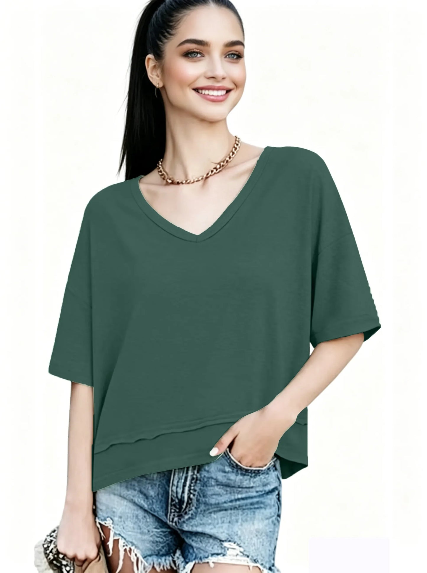 Women's V-neck Mid-length Sleeve Spliced Hem Basic Top