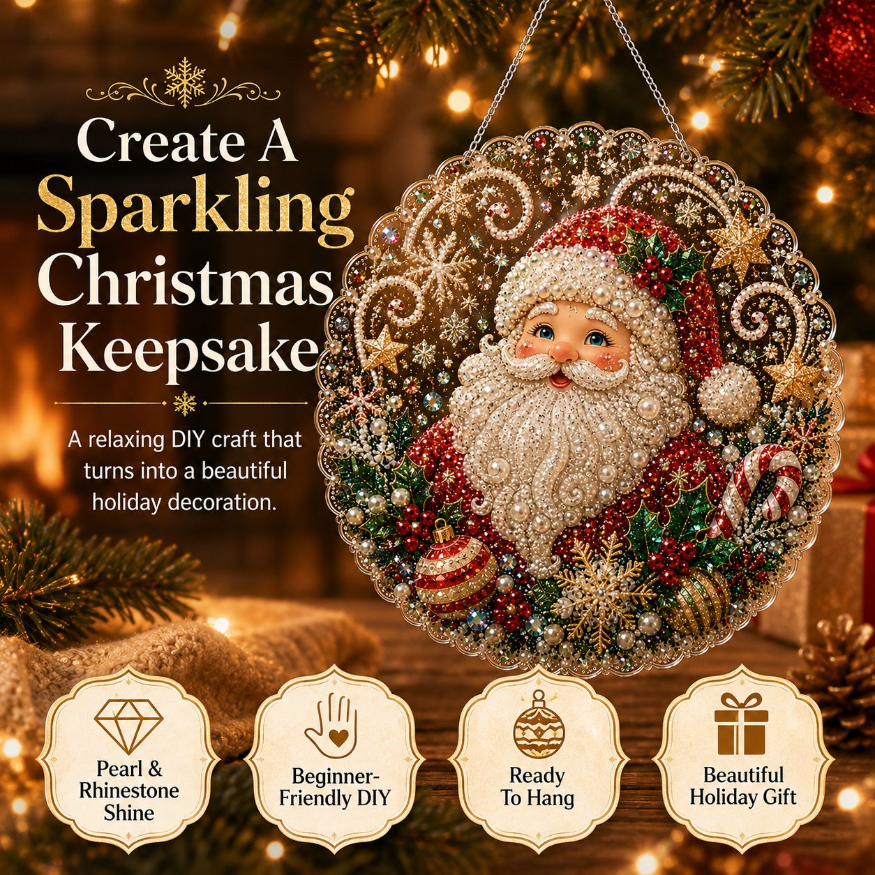 ✨ Christmas Pearl Diamond Art Hanging Ornament Kit | Luxury Flocked Canvas with Scratch-Resistant Non-Fading Pearl Beads DIY Handmade Holiday Hanging Decor 🎅💎