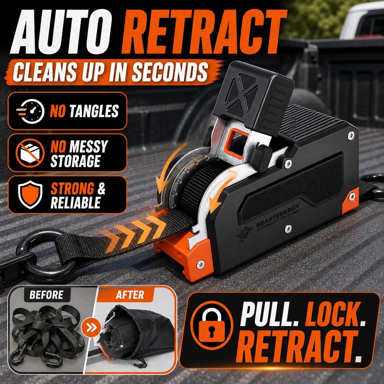 Dual-End Retractable Tie-Down Ratcheting Straps