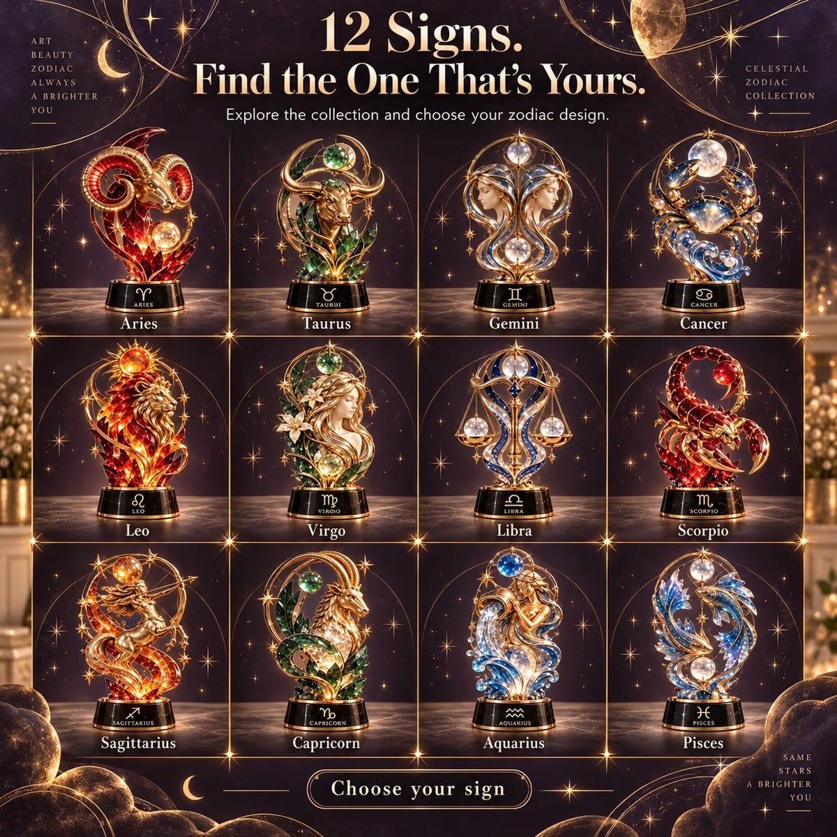 🔥HOT SALE🔥 49% OFF – 🌙 Celestial Zodiac Sculpture | 12 Jewel-Like Zodiac Designs with Golden Details ✨