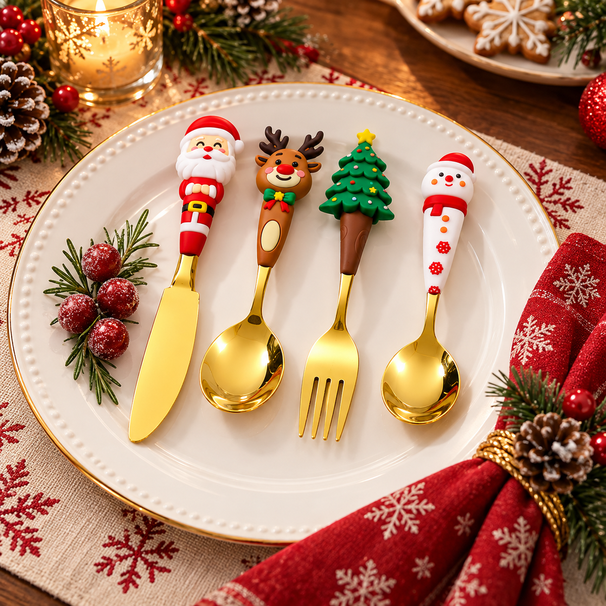 🎅 Christmas Character Cutlery Gift Set – 4-Piece Stainless Steel Flatware