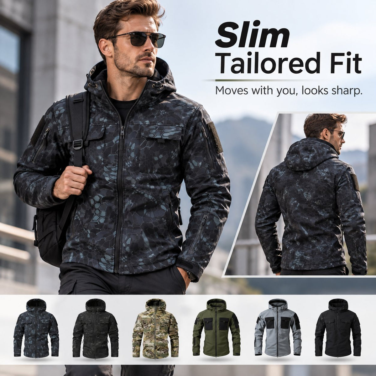 9 Pocket Tactical Hooded Jacket | Slim Fit Fleece Lined Outdoor Coat
