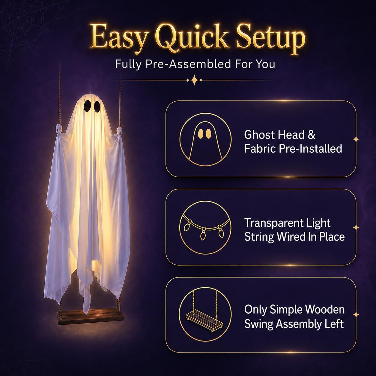 Halloween Decorations Outdoor - 5FT Large Hanging Ghost Swing with Remote Control String Lights & Upgraded Sheet, Scary Ghost Halloween Party Decor Outside for Tree Porch Yard Garden Lawn