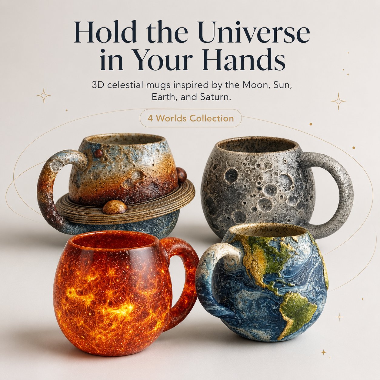 🪐3D Celestial Planet Mug – Moon, Sun, Earth & Saturn Collection
