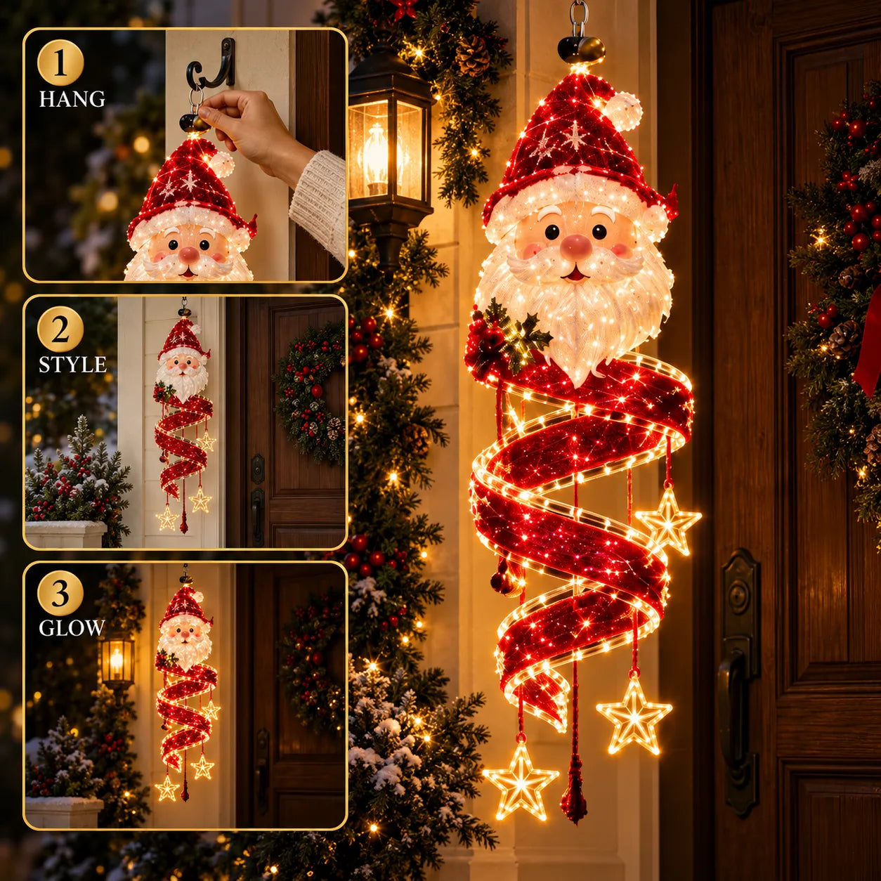 🎅Christmas Magic Spira Hanging LED Light Collection – 9 Festive Designs ✨ | Suspended Glowing Characters with Spiral Lights & Hanging Details for Porches, Windows, Entryways & Holiday Displays