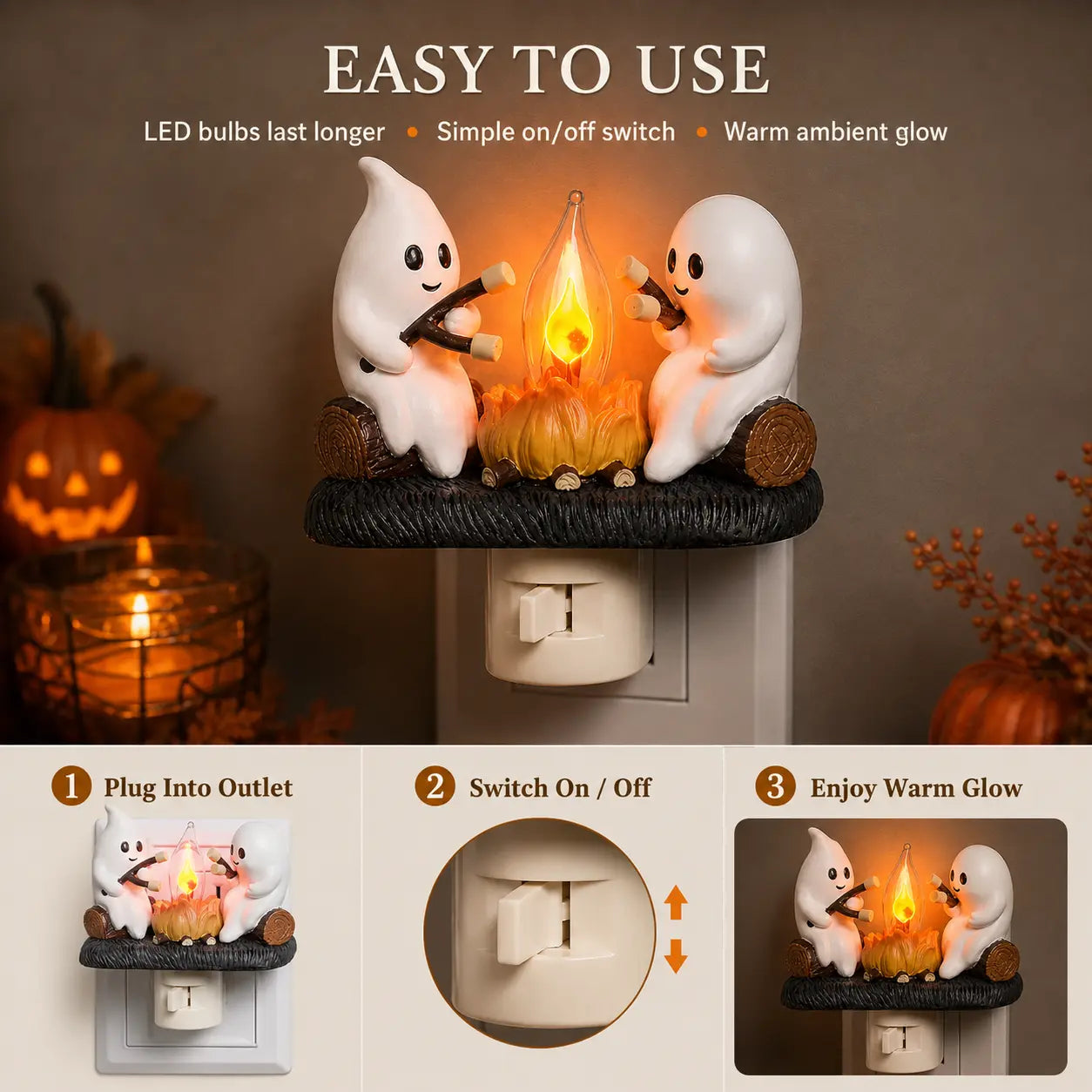 3D Flickering Campfire Plug-In Night Light, Halloween & Christmas Character LED Nightlight, Cute Indoor Holiday Decoration for Bedroom, Hallway and Gifts, Resin