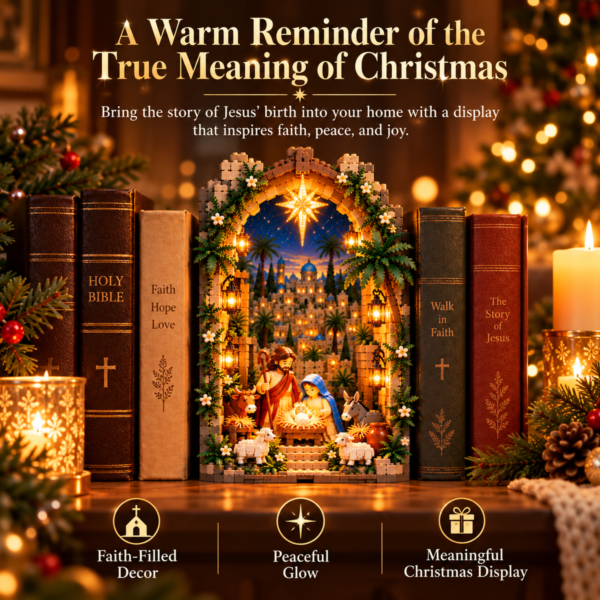 🌟📚 Bethlehem Nativity Book Nook – Lighted Christmas Faith Display