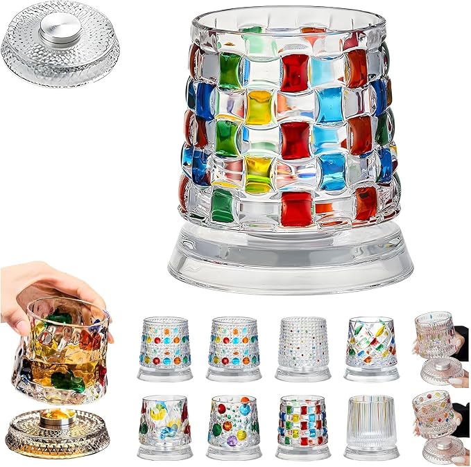 Spinning Whiskey Glasses, Vintage Colored Crystal Whiskey Glass, Hand-Painted Old Fashioned Tumbler for Bourbon, Scotch, Cocktails, Decorative Drinking Glass for Home Bar