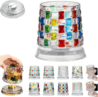 Spinning Whiskey Glasses, Vintage Colored Crystal Whiskey Glass, Hand-Painted Old Fashioned Tumbler for Bourbon, Scotch, Cocktails, Decorative Drinking Glass for Home Bar