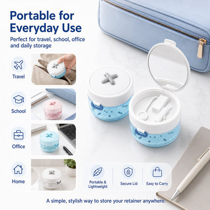 🦷✨3-in-1 Retainer Cleaning & Storage Case – Portable Leak-Resistant Soak Box with Drain Tray, Mirror & Cleaning Brush