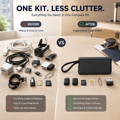 🔌 Pocket Travel Cable Kit – USB-C Cable, 3 Adapters, SIM/TF Storage & Phone Stand