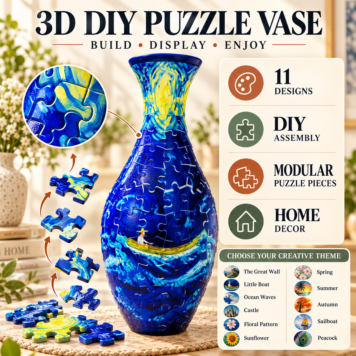 ✨ 3D DIY Puzzle Vase – 11 Creative Designs, Decorative Flower Vase & Craft Gift