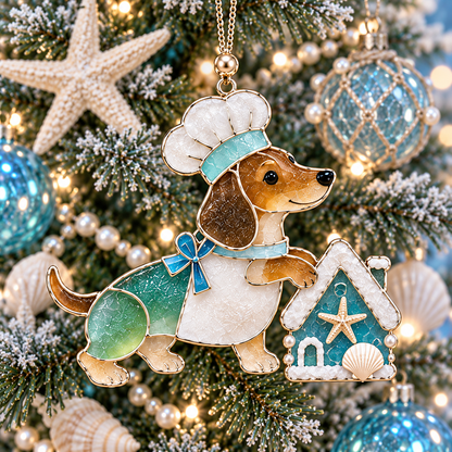 ⏰Coastal Christmas Dachshund Ornament Set – ✨6-Piece Stained Glass-Inspired Sea Glass Dog Christmas Tree Decorations, Gift for Dachshund Lovers