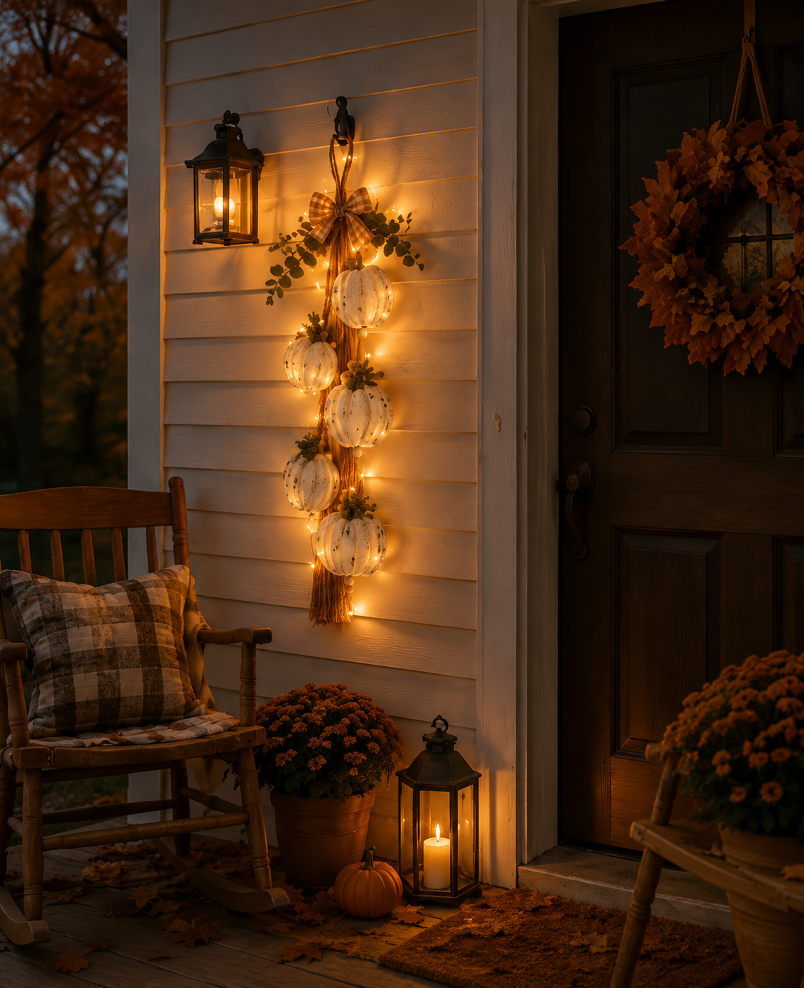 🔥BUY 2 SAVE 15% -🎃 Rustic White Pumpkin Hanging Swag – 5-Pumpkin Fall Door & Wall Decoration for Farmhouse Autumn Decor