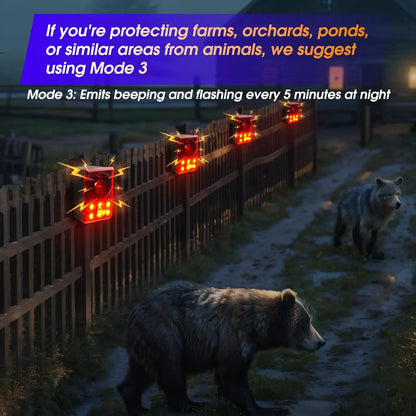 Solar Outdoor Motion Sensor Alarm - Dog Barking & Gunshot Sound, Support Recording and Volume Adjustment, 130dB Noise with Flashing Light to Deter Raccoon, Deer, Skunk, Bear, Coyote