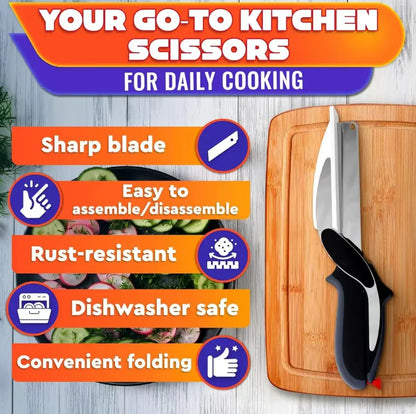 ✂️ 2-in-1 Kitchen Scissors with Built-In Cutting Board – Stainless Steel, Safety Lock