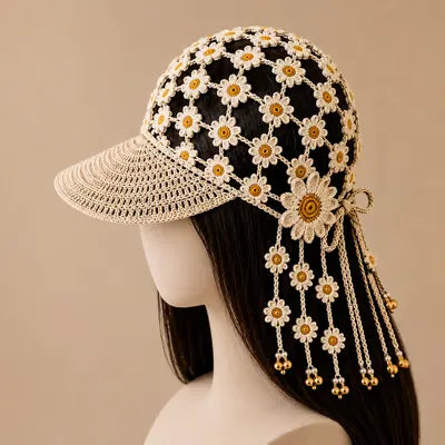 Handcrafted Floral Crochet Baseball Cap | Hollow-Out Knit Boho Hat with Hanging Tassels